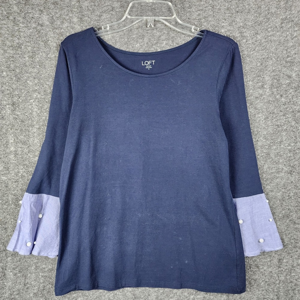 Loft Product Type Womens S Navy Blue Contrast Pearl Cuff EUC Top